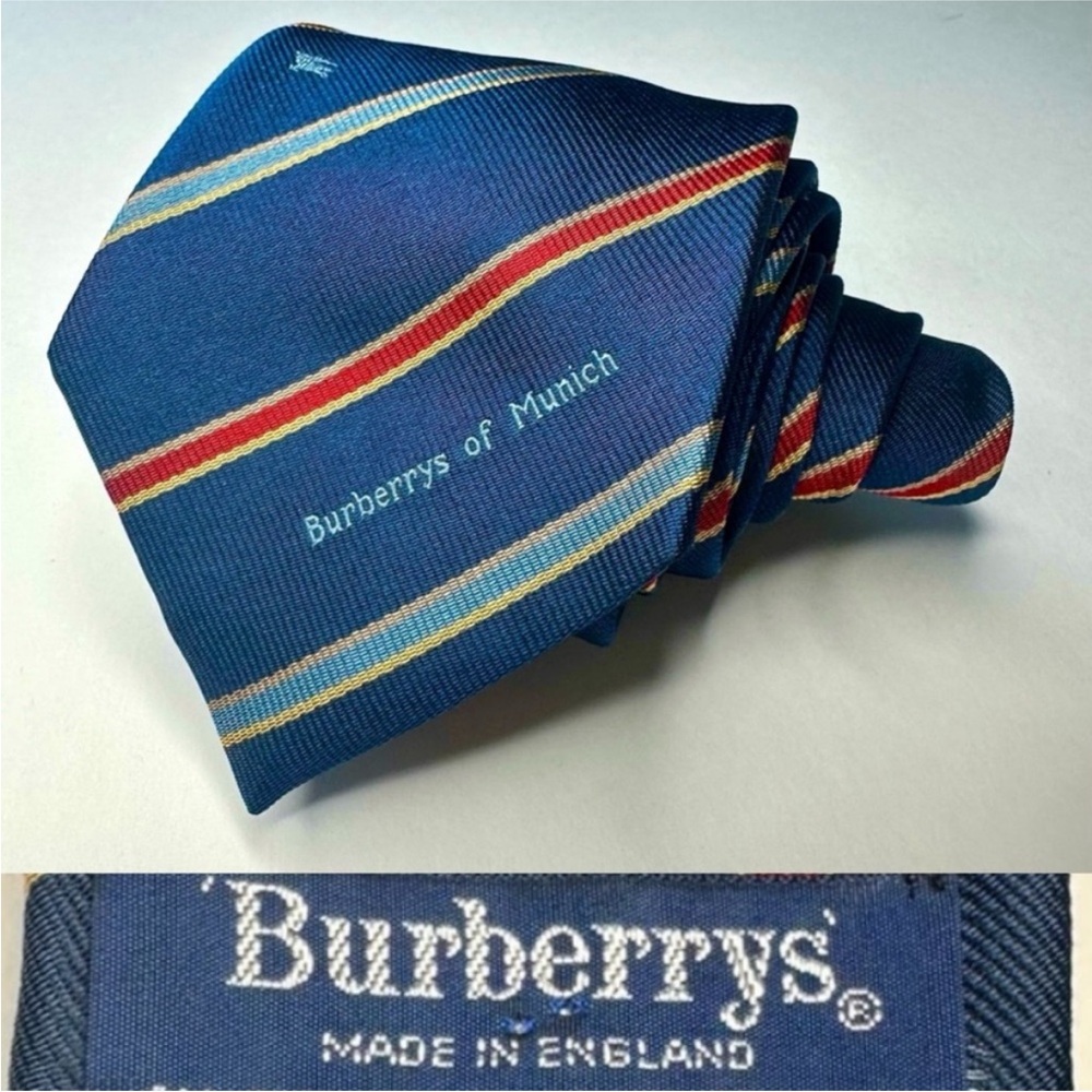Vintage BURBERRY OF MUNICH Rare Embroidered Striped Classic Blue Silk Tie, 3”